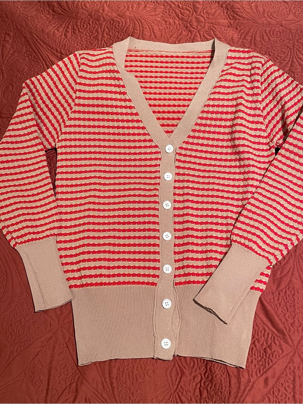 Beige and Red Striped V‑Neck Cardigan Sweater
